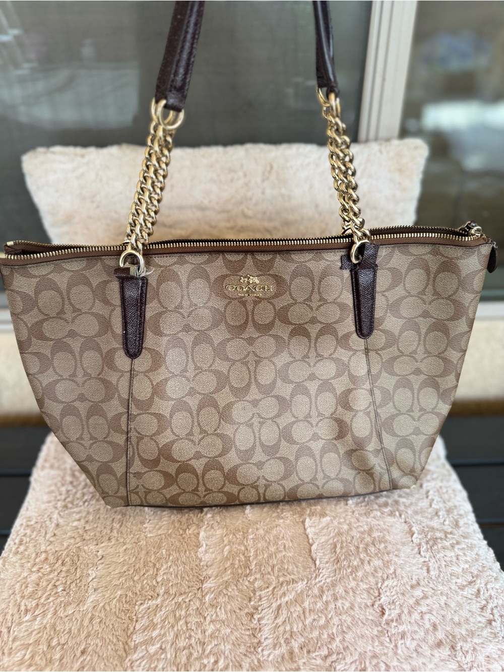 Coach Beige & Brown Signature Canvas Chain-Handle Tote